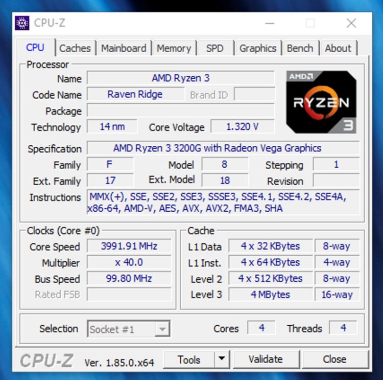 AMD Ryzen 3 3200G CPU-Z turbo mode