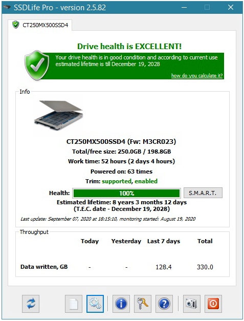 Crucial M.2 MX500 SSD 250GB 2280 SATA3 CT250MX500SSD4, SSDLife Pro results