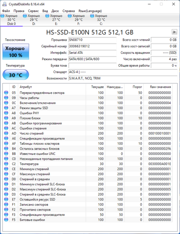 SSD Hikvision E100N M.2 2280 512GB SATAIII 3D TLC HS-SSD-E100N/512G, CrystalDiskInfo